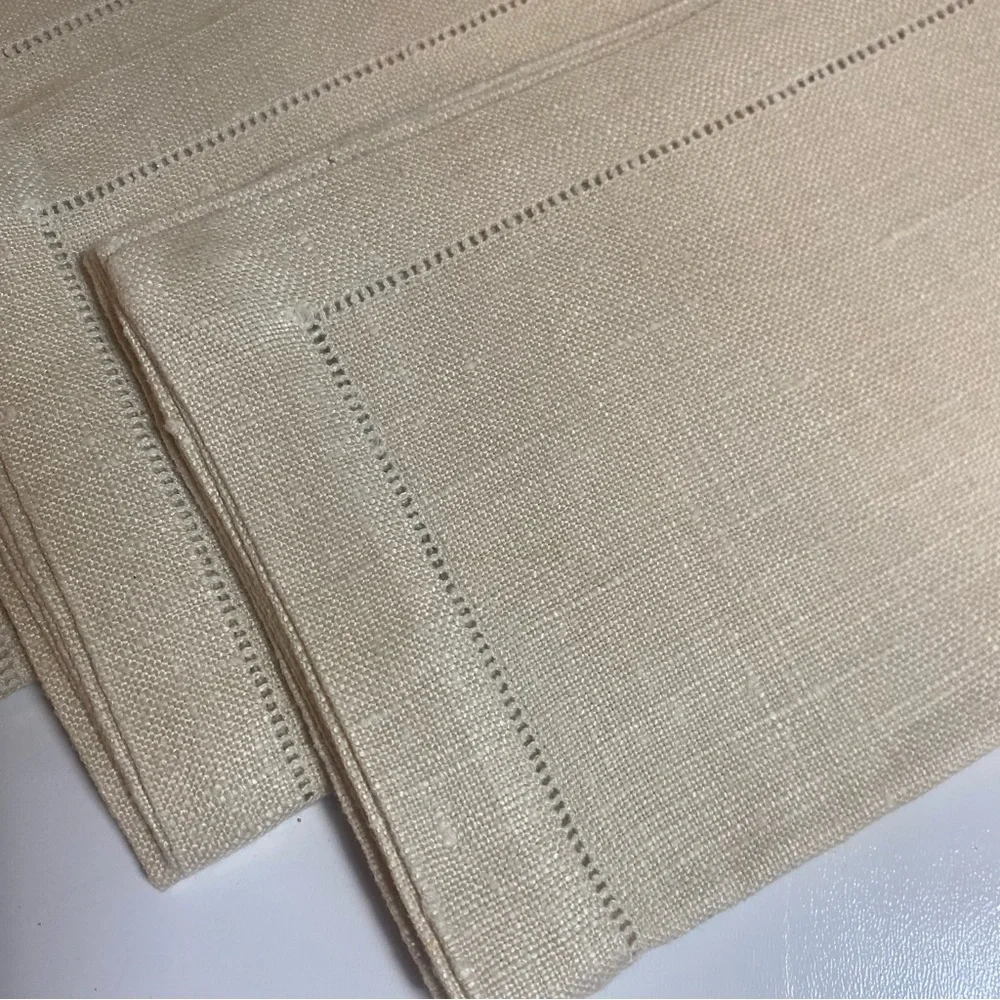 Set Of 5 Ivory Linen Hemstitch Border Napkins 16” Square